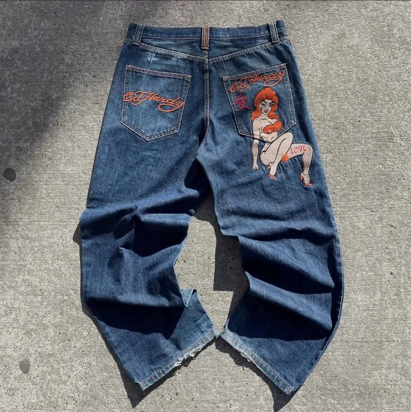 

Y2K мужские джинсы с буквенным принтом в стиле Харадзюку, винтажные широкие джинсы с высокой талией, американский стиль, гот, мужская и женская уличная одежда в стиле хип-хоп