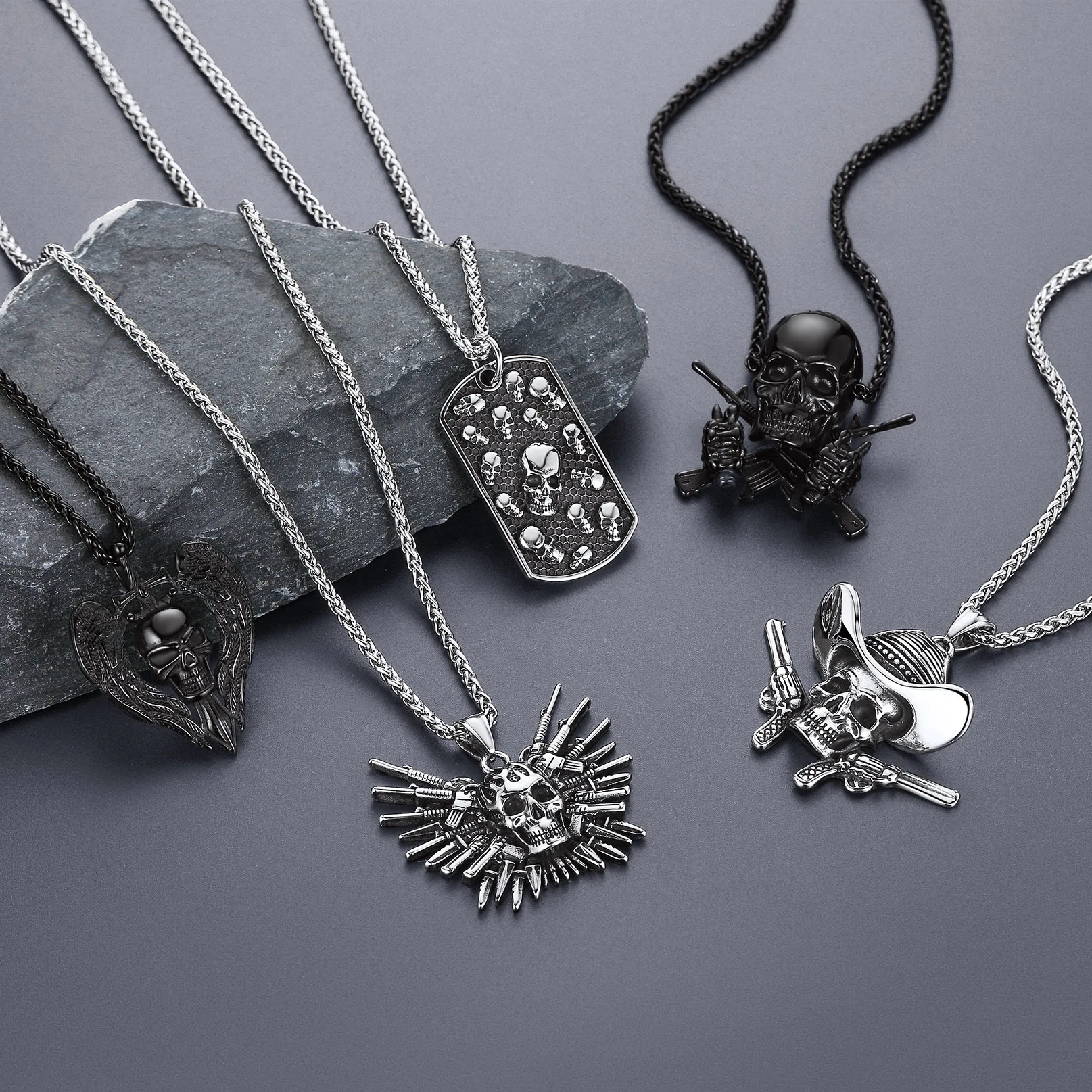 U7 Stainless Steel Multiple Design Skull Necklaces for Man Woman Skeleton Skull Series Rock Gothic Punk Jewelry Gift QC25