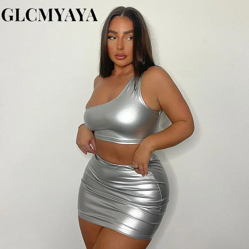 GLCMYAYA Women Streetwear Solid One-shoulder Sleeveless Crop Tops Dress Sets 2023 Slim Sexy Elastic Waist Skirts Set 2 Piece Set