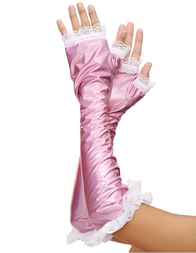 

Fingerless Sissy Gloves Long Wrapped Around The Arms Lace Patchwork Inlaid With Pink Satin Customizable In Multiple Colors