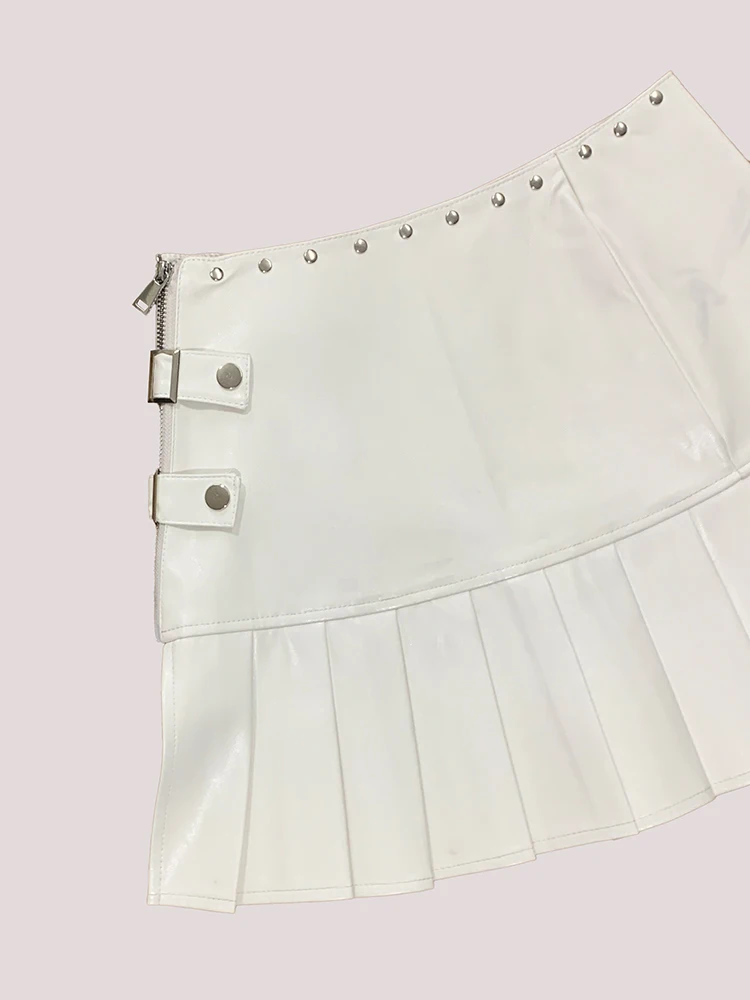 Lautaro Spring Summer Cool Luxury White Pu Leather Mini Pleated Skirt Women Rivet Side Slit Short Punk Style Emo Clothes 2025