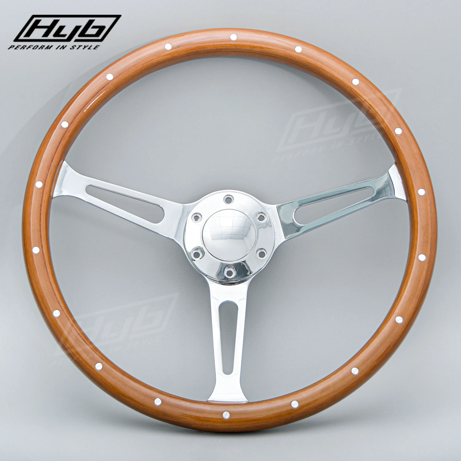 Solid Wood Sport Steering Wheel 15inch 380mm Real Wooden Universal Classic Vintage Car Steering Wheel with Silver Chrome Spoke