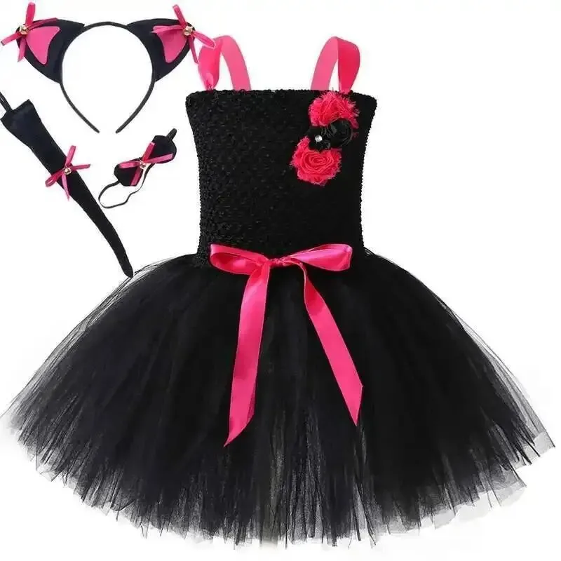 Black mesh tutu skirt with kitten patterns for girls, ideal for festivals and birthday parties. Comes with three accessories.