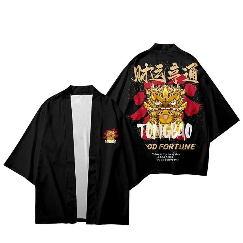 Chinese Style New Year Print Kimono Streetwear Men Women Japanese Cardigan Harajuku Anime Clothing Robes