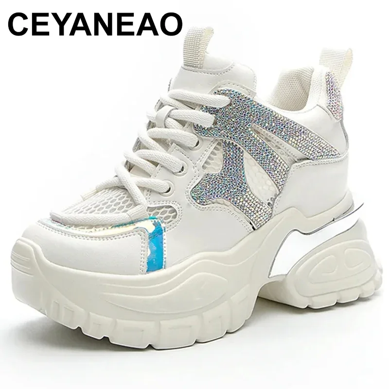 9cm Hidden Heel Women Sneakers Summer Fashion Breathable Mesh Genuine Leather Ladies Shoes Increasing Height Sneaker