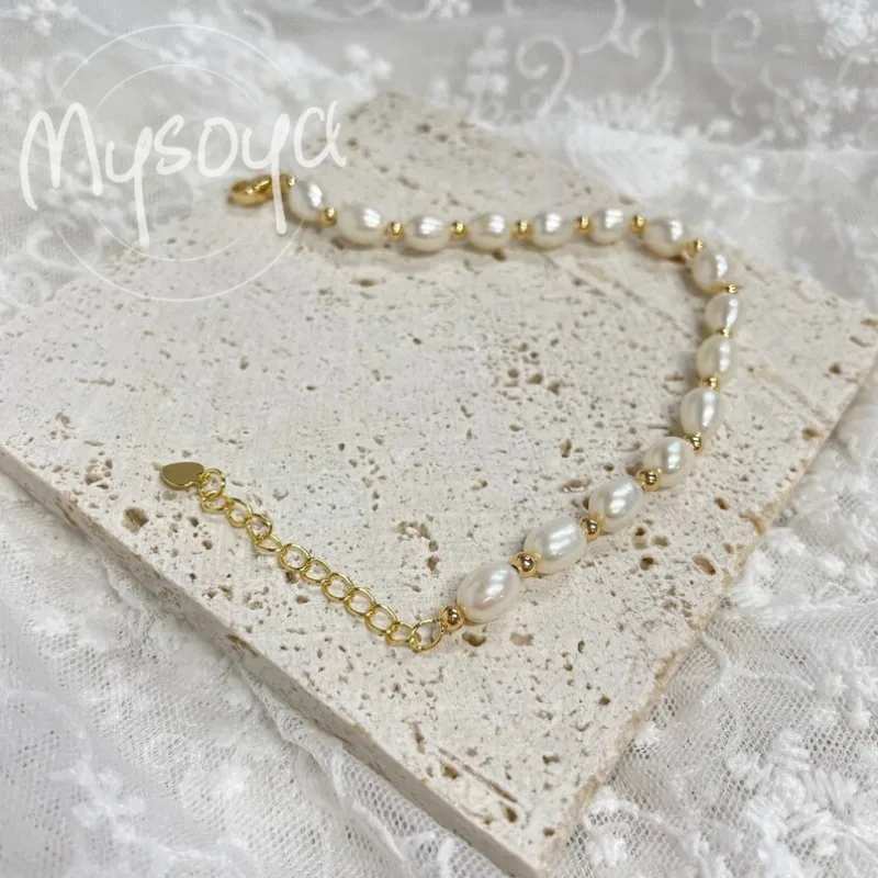 MYSOYA سوار لؤلؤ المياه العذبة على شكل أرز أبيض 6-7 مللي متر مع صندوق هدايا لها/عيد ميلادها/الزفاف/عيد الميلاد/هدية السنة الجديدة