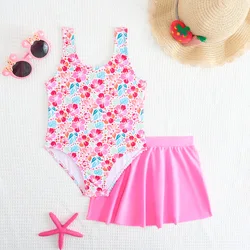 Flower Girls One Piece Swimsuit 8-12 Year Kids Swim Suit Teenage Children's Swimwear 2025 Bathing Suits with Pink Skirt Beach