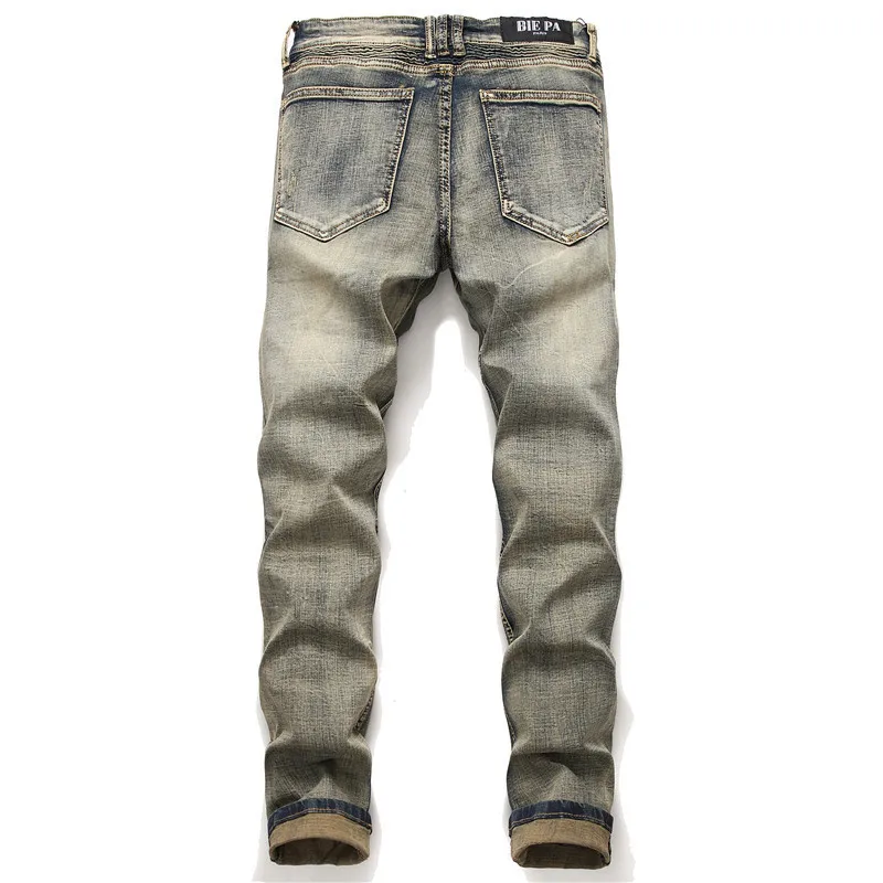 2024 retro color motorcycle jeans men's fashion street stitching trendy handsome slim-fitting stretch pencil pants skinny pants