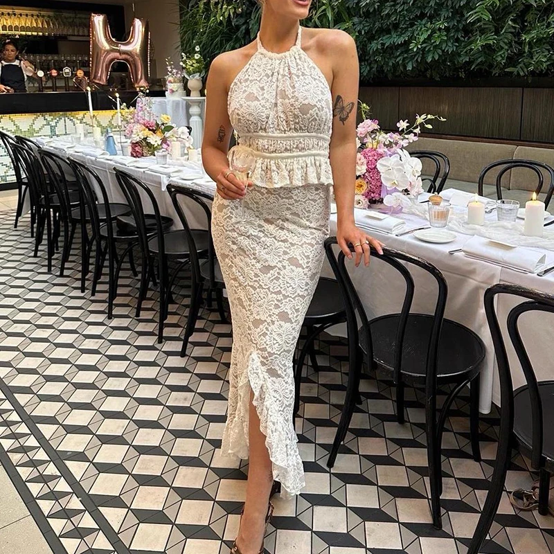 

Elegant Women Daily Commuting Outfits Fashion Party Solid Set Sexy Lace Backless Halter Vest Wrap Hips Half Skirts Matching Sets