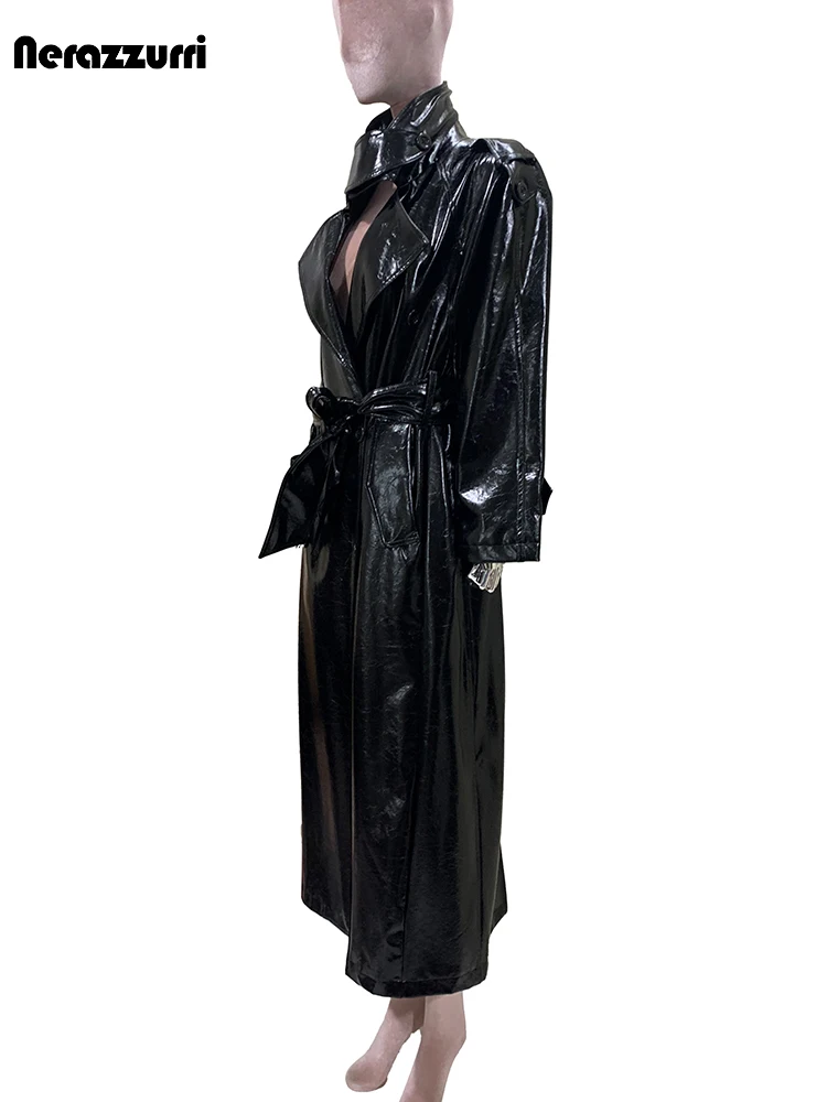 Mauroicardi Autumn Extra Long Shiny Reflective Black Pu Leather Trench Coat for Women Double Breasted Loose Luxury Overcoat 2025