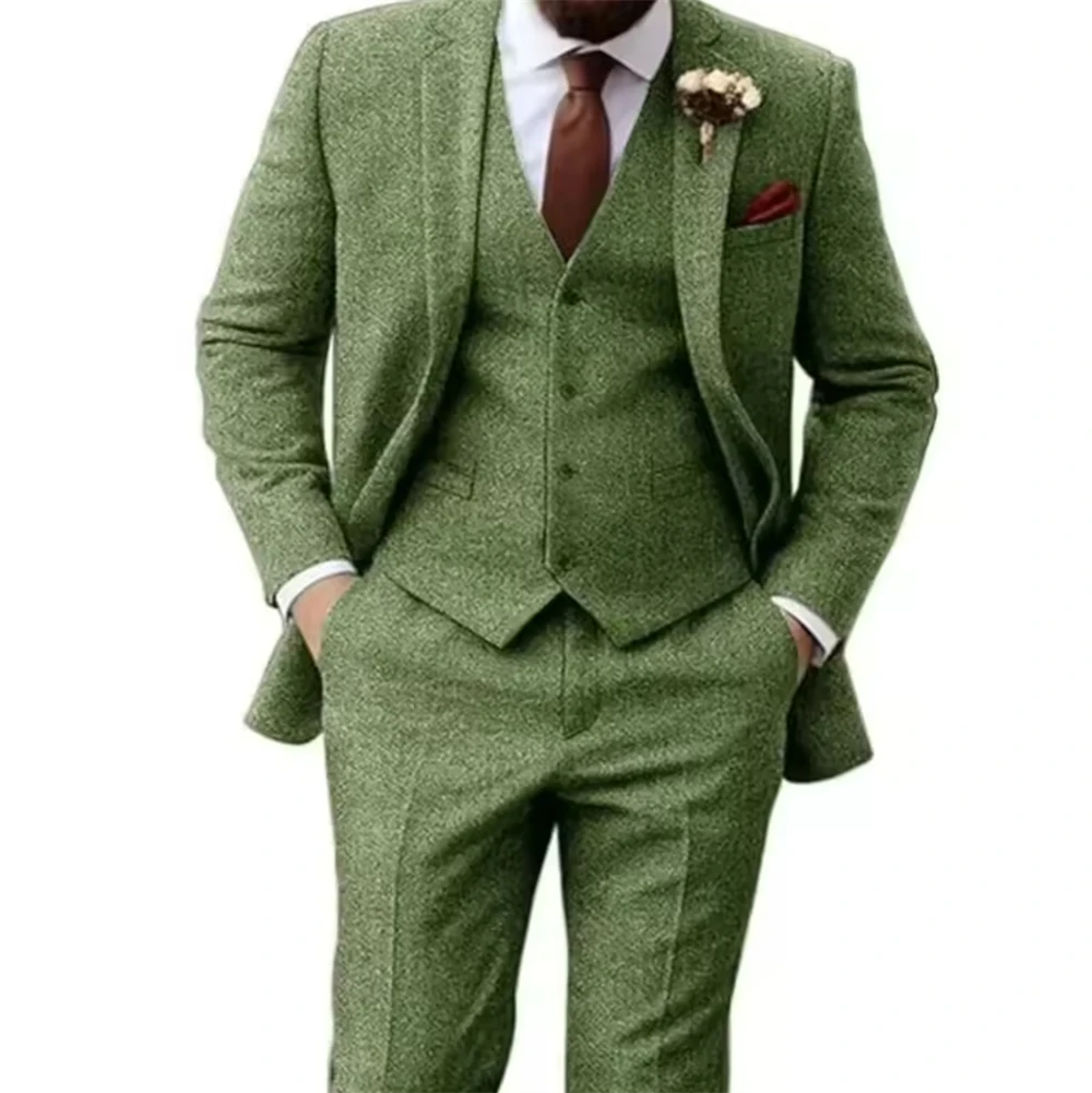 Retro British Men's Suits Tweed Herringbone Slim Fit Business Casual Waistcoat Jacket Groomsmen Wedding Suits 3 Pcs Tailor Made