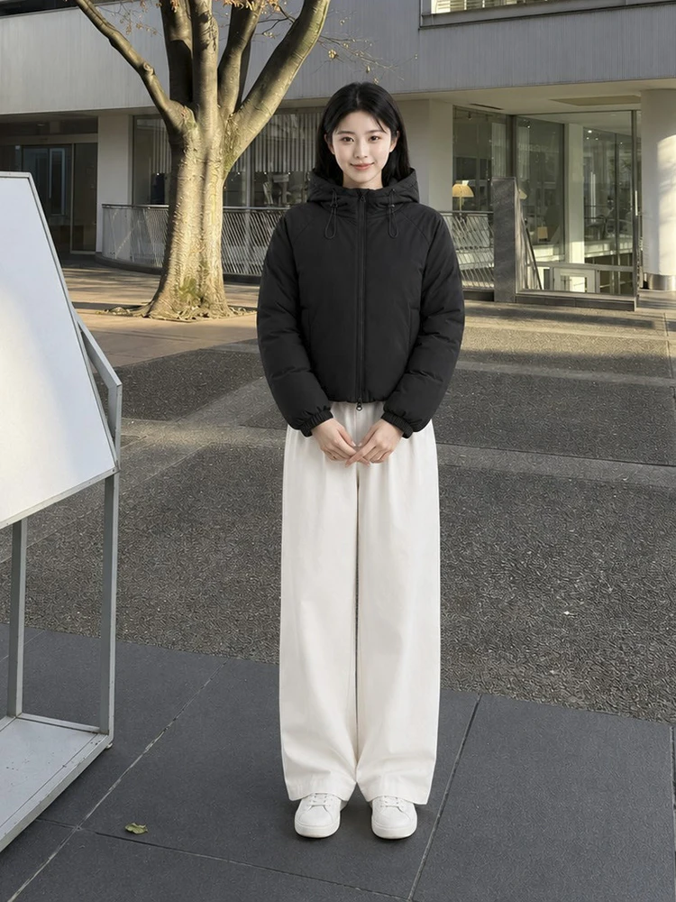 Winter Puff Fluffy Drawstring Hooded Down Jacket Women White Duck Down Short Parker Outwear Female Waterproof Zipper Down Jacket