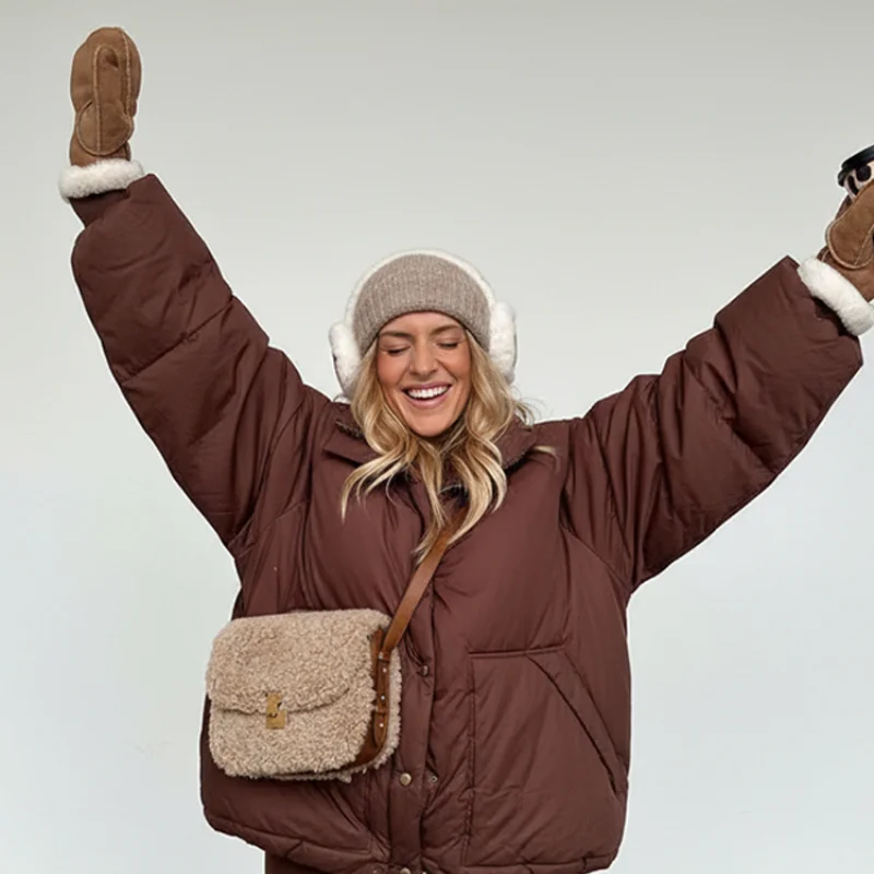 

Женская однотонная модная коричневая хлопковая куртка с лацканами и длинным рукавом на молнии, свободные теплые короткие куртки, женская зимняя уличная одежда для поездок на работу