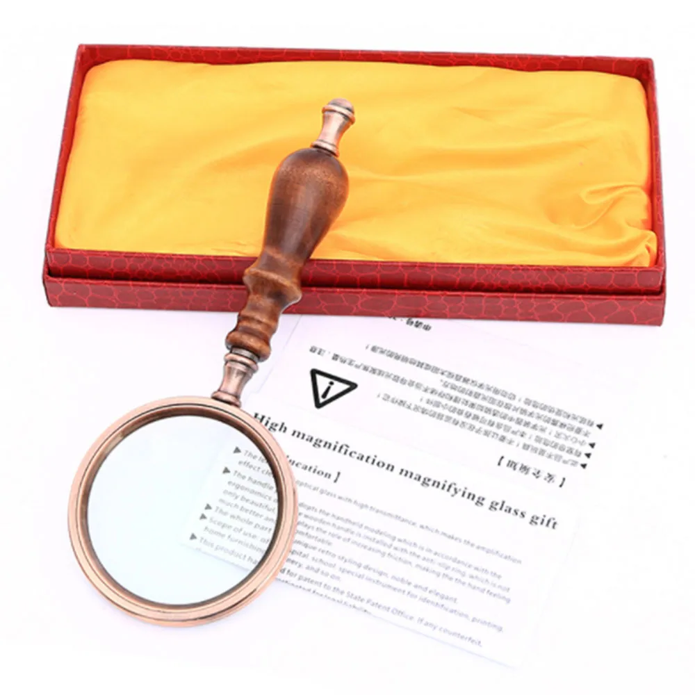 Handheld Magnifier Wooden Handle Vintage Magnifying Glass Portable Retro Handle Magnifier  with Gift Box