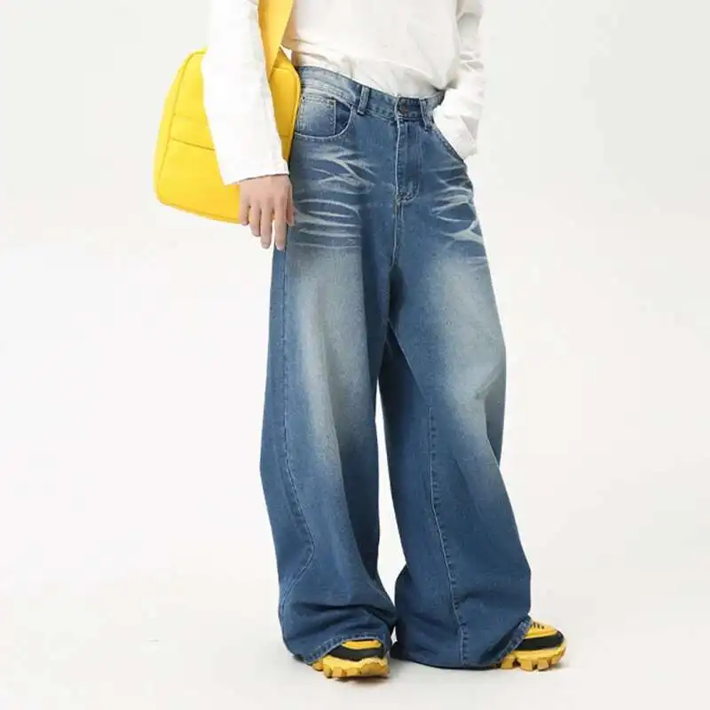 High Street Men's Jeans New Summer Water Washed Folded Draping Wide Leg Trendy Denim Pants Spring Casual Straight