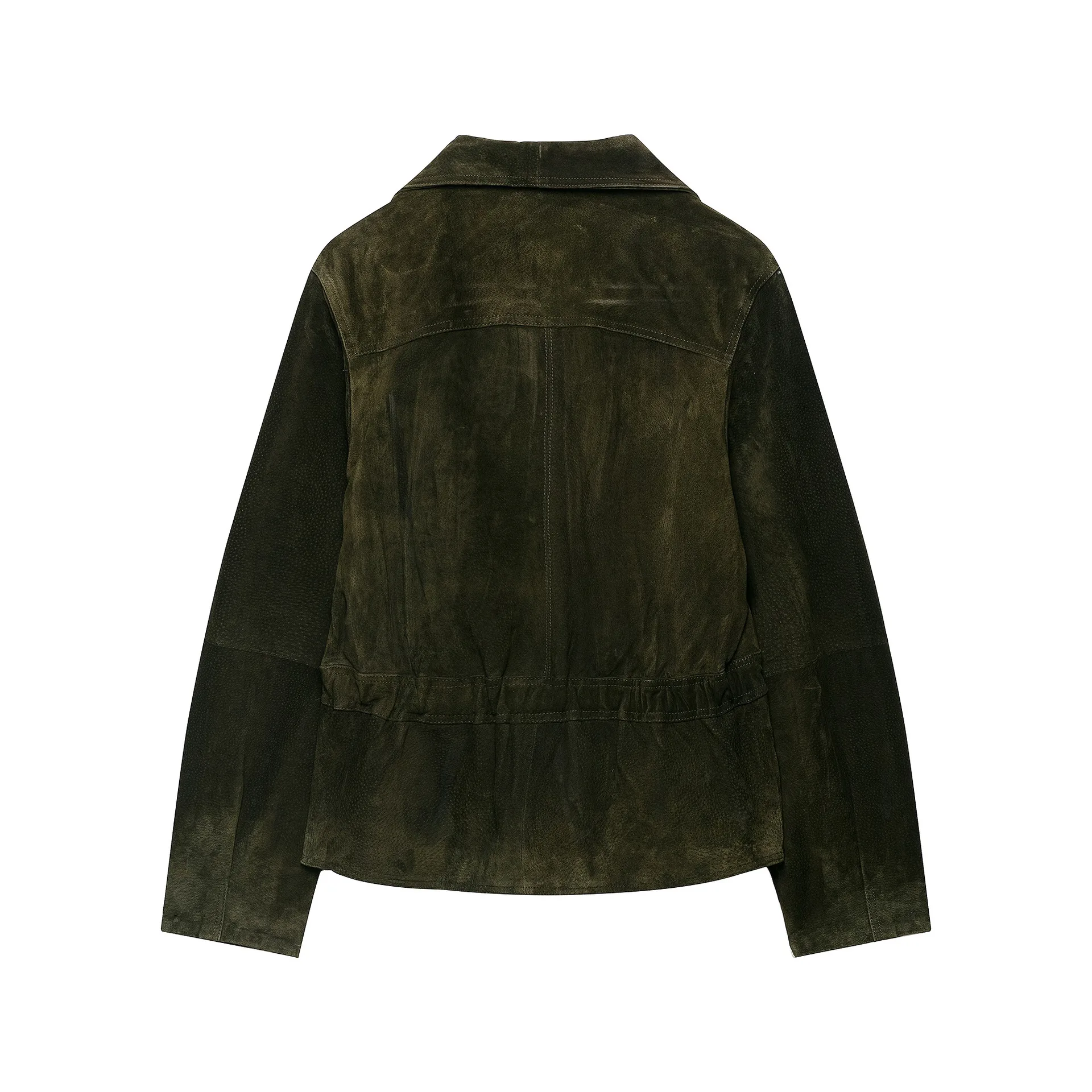 Chinese Style Autumn Women Shawl Collar Rope Knot Buttons Suede Jacket Loose Long Sleeve Coat Short Outerwear Army Green