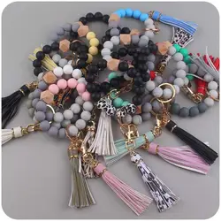Fashion Leopard Print Silicone Round Beads Keychain For Women Men Tassel Pendant Keyring Lobster Clasp Bracelet Keychain Jewelry