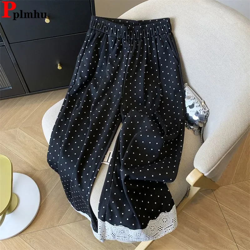 

Polka Dot Design Straight Pants Women Casual Elastic High Waist Lace Wide Leg Pantalones Korean Fashion Ankle Length Spodnie New