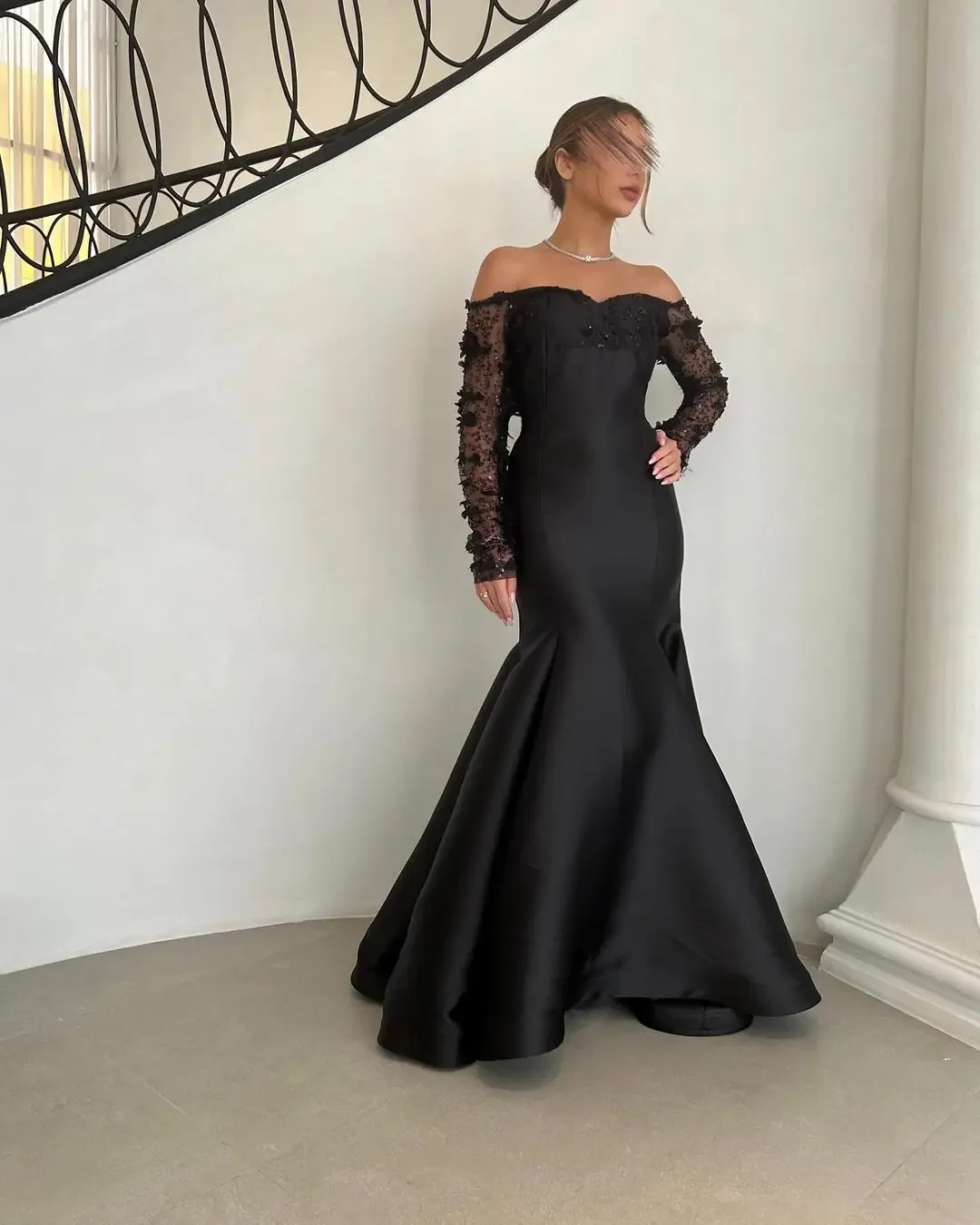 customized2025Elegant Mermaid Long Sleeves Prom Dresses Off The Shoulder Pleated Flowers Floor Length Party Dresses Evening