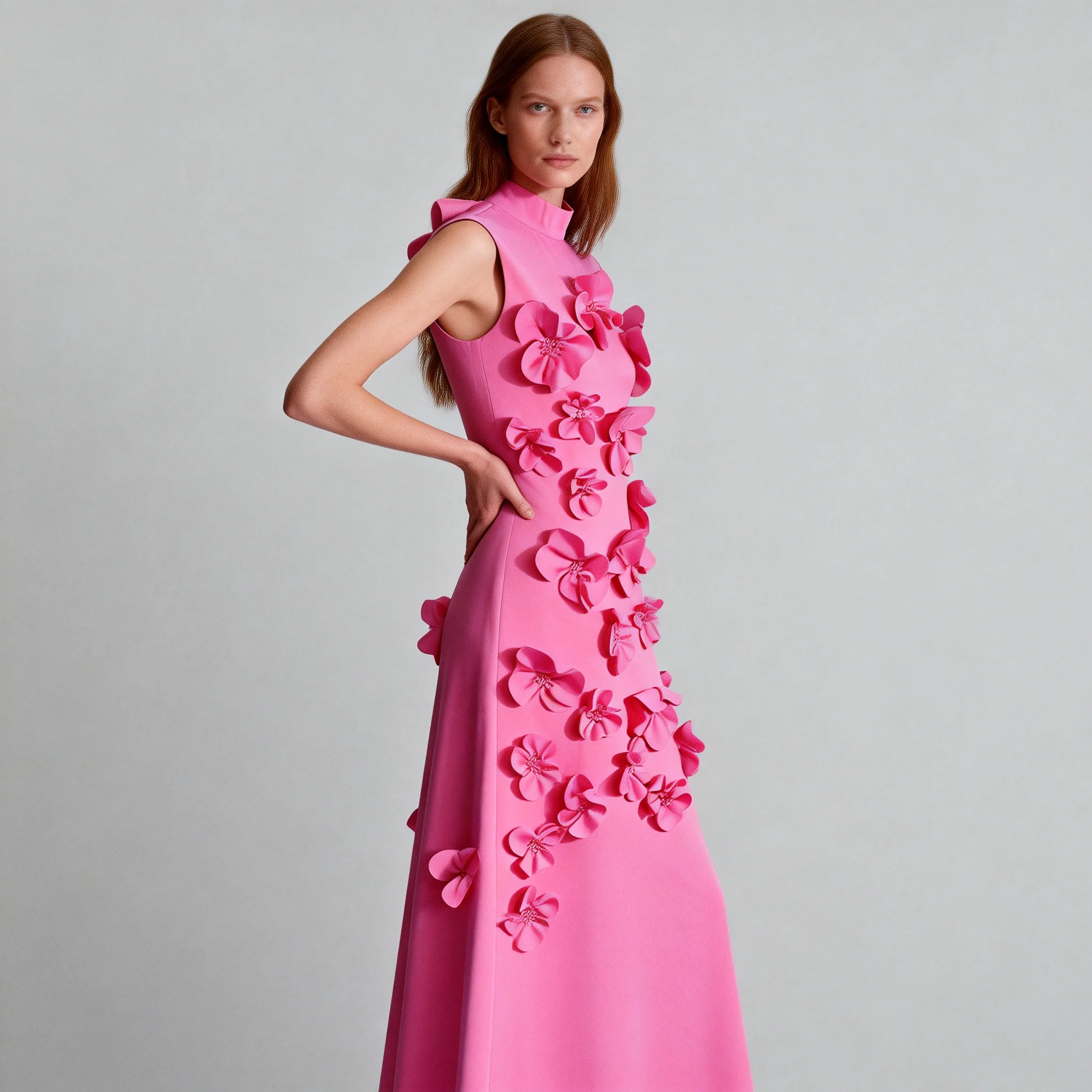 

Women Elegant Long Dress Stand Collar Sleeveless High Waist Spliced Appliques Zipper Patchwork Evening Dress