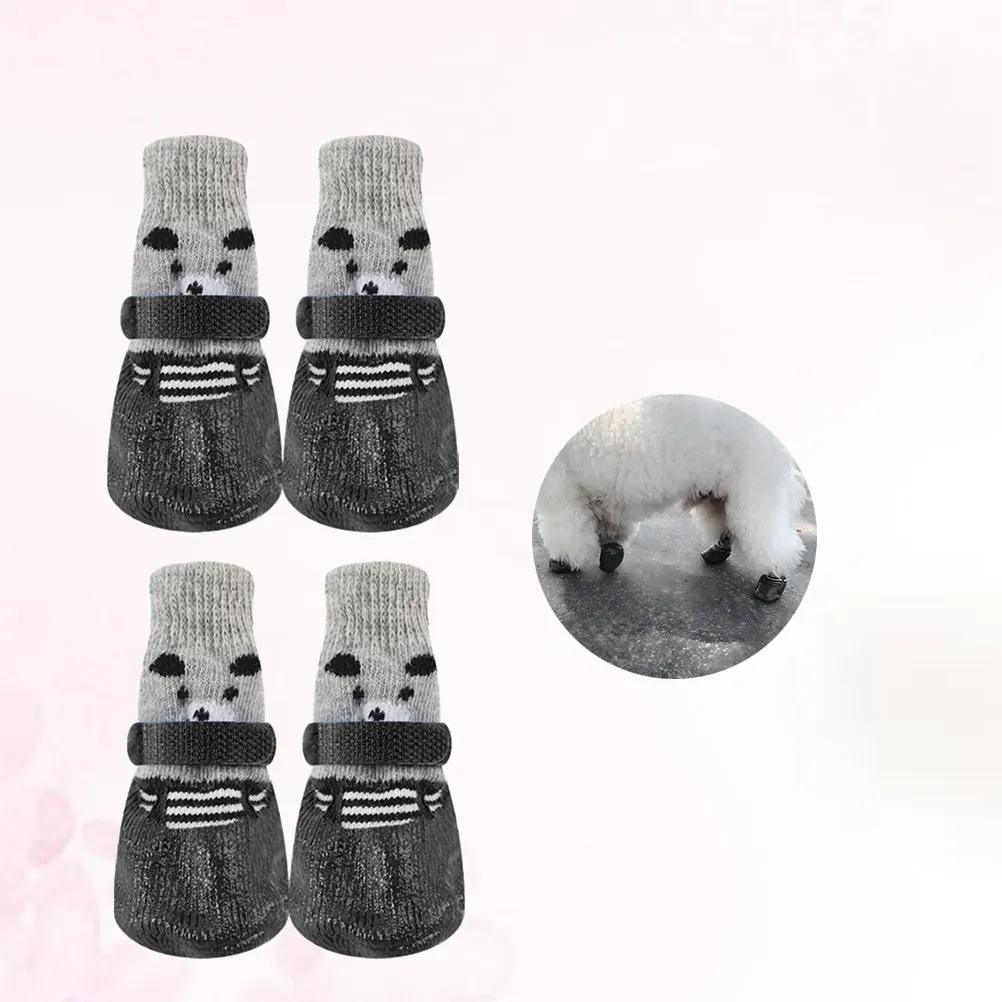 4Pcs Waterproof Dog Socks Cotton Non-Slip Cartoon Prints Size S Black Pet Paw Socks Protectors Anti-Cold Snow Ice Salt
