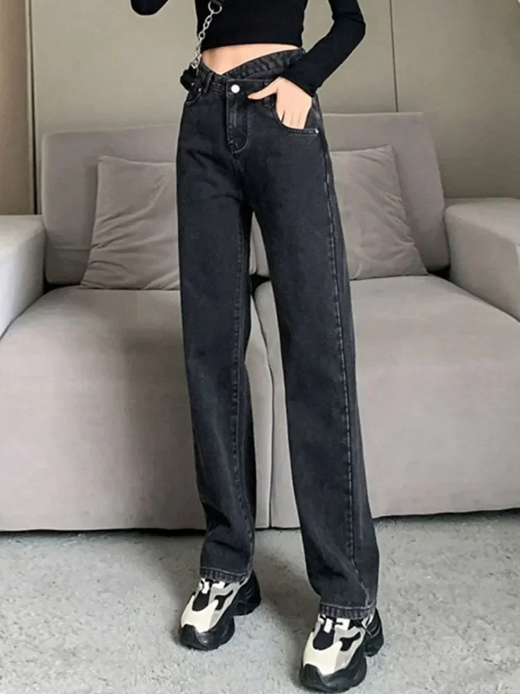 Irregular High Waist Straight Jeans Women Korean Vintage Baggy Denim Pants Spring Fall Casual Vaqueros Streetwear Kot Pantolon