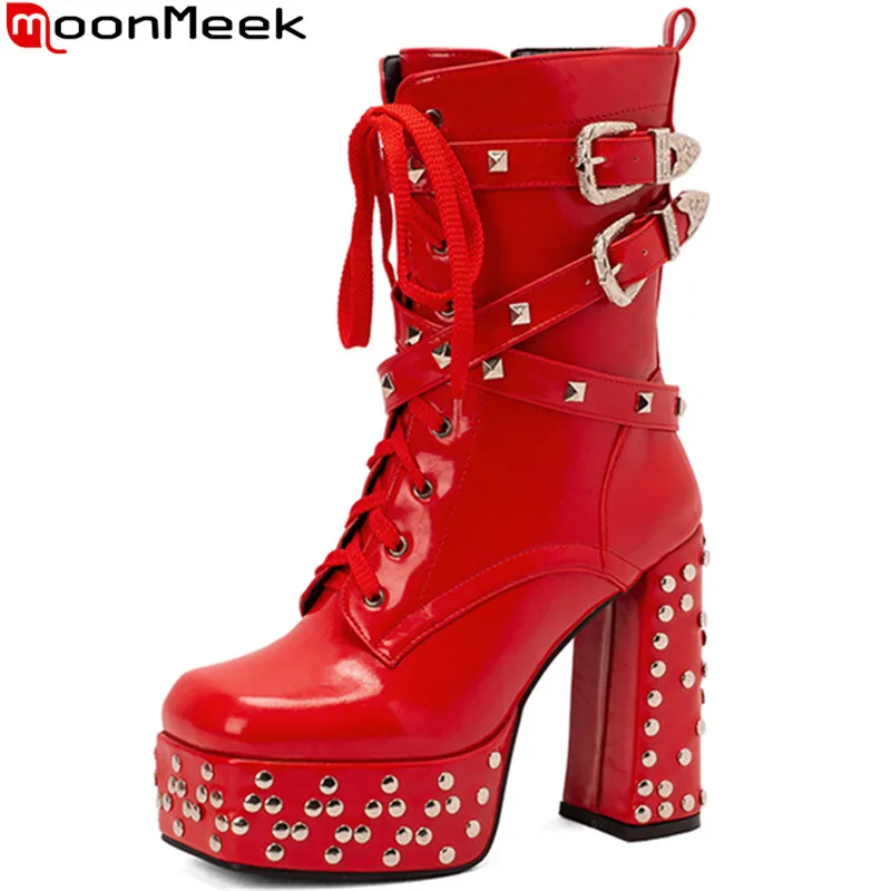 

MoonMeek 2022 Size 33-43 New Ladies Pu Women Winter Boots Solid Ankle Boots Rivet Thick High Heels Dress Platform Shoes