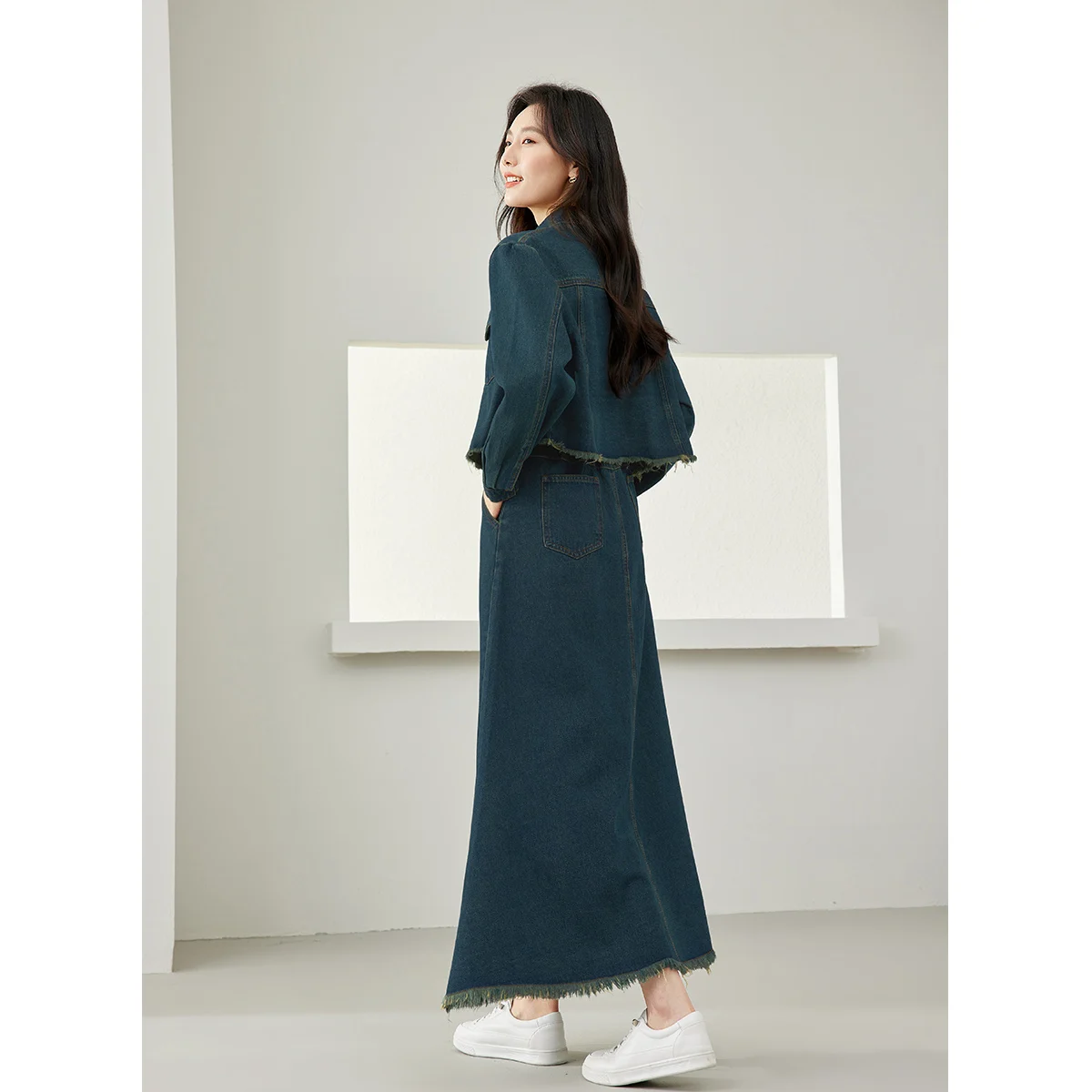 VIMLY Vintage Fashion Long Denim Skirt Set Autumn New 2 Piece Sets Womens Outfits Tassel Cropped Cardigan Jacket Long Skirts