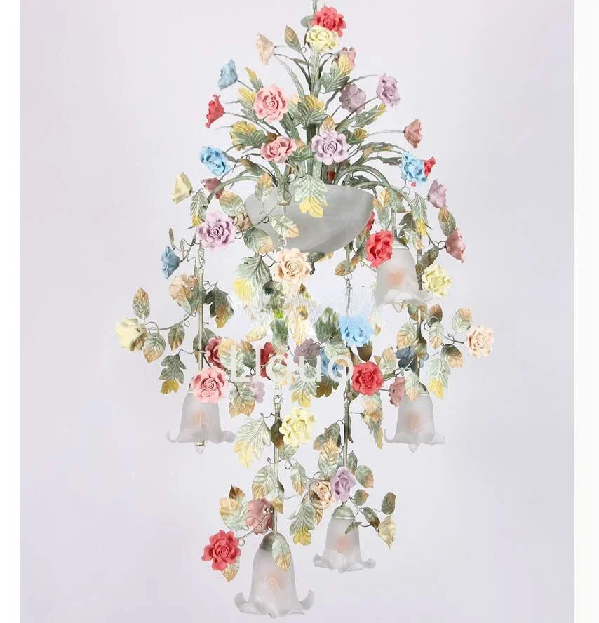 Art Floral Chandelier lamp Lustre Light 7L/10L Colorful Ceramic Rose Pendant Chandelier Light Fixture E14 LED AC Home Decoration