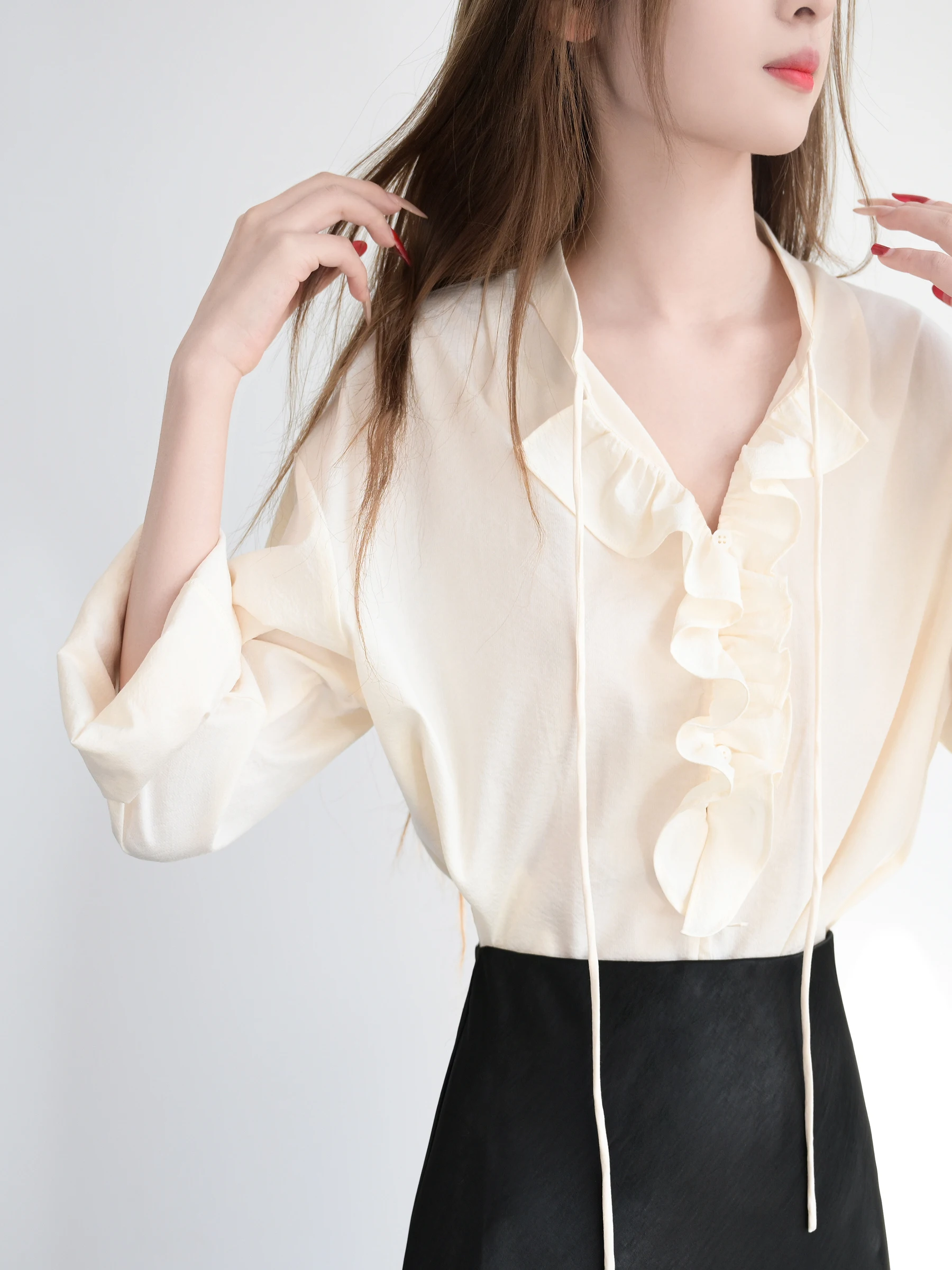 

TRR Girls Casual Loose Long Sleeve Shirt with Pleated Design Cotton Blend Fabric V-Neck Everyday Wear for Women