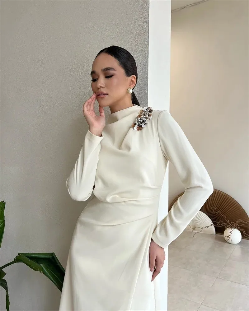 Flora Dress Elegant White Satin Mermaid Evening Dresses Long Sleeves High Neck Slit Beads Saudi Arabic Formal Occasion Prom Gown