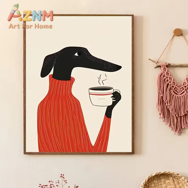 1pc Whimsical Greyhound Dog Drinking Coffee Wall Art Print - Modern Minimalist Canvas Poster, Frameless, Ideal for Living Room,