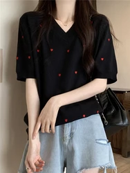 plus Size Women's Korean Sle V-Ne Knitted T-irt f Sve Loose Fit Slimming Effect Heart Embroidery Summer Top