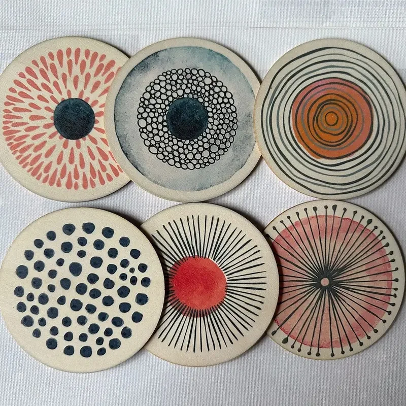 6 Sets of Circular Patterned Printed Wooden Anti-Slip Coasters, Suitable for Theme Party Decoration Anti-Slip Coasters