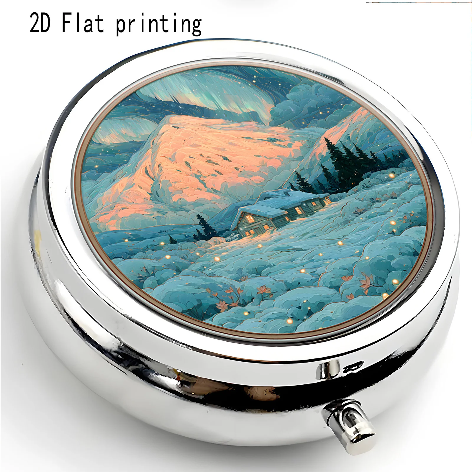 1-Piece Flat Printed Round Metal Pill Organizer——Portable Travel Medicine Case, Equipped with Dedicated Compartments for Daily Vitamins and Dietary Supplements; Compact Pocket Wallet-Style Storage Design, Suitable as a Birthday or Holiday Gift for Women, 