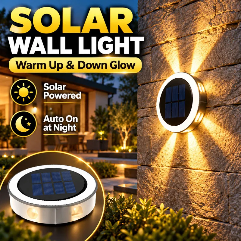Solar Powered Wall Sconce Light Waterproof Outdoor LED Wall Lamp Up Down Light Effect for Patio Yard Garden Fence Porch Decor