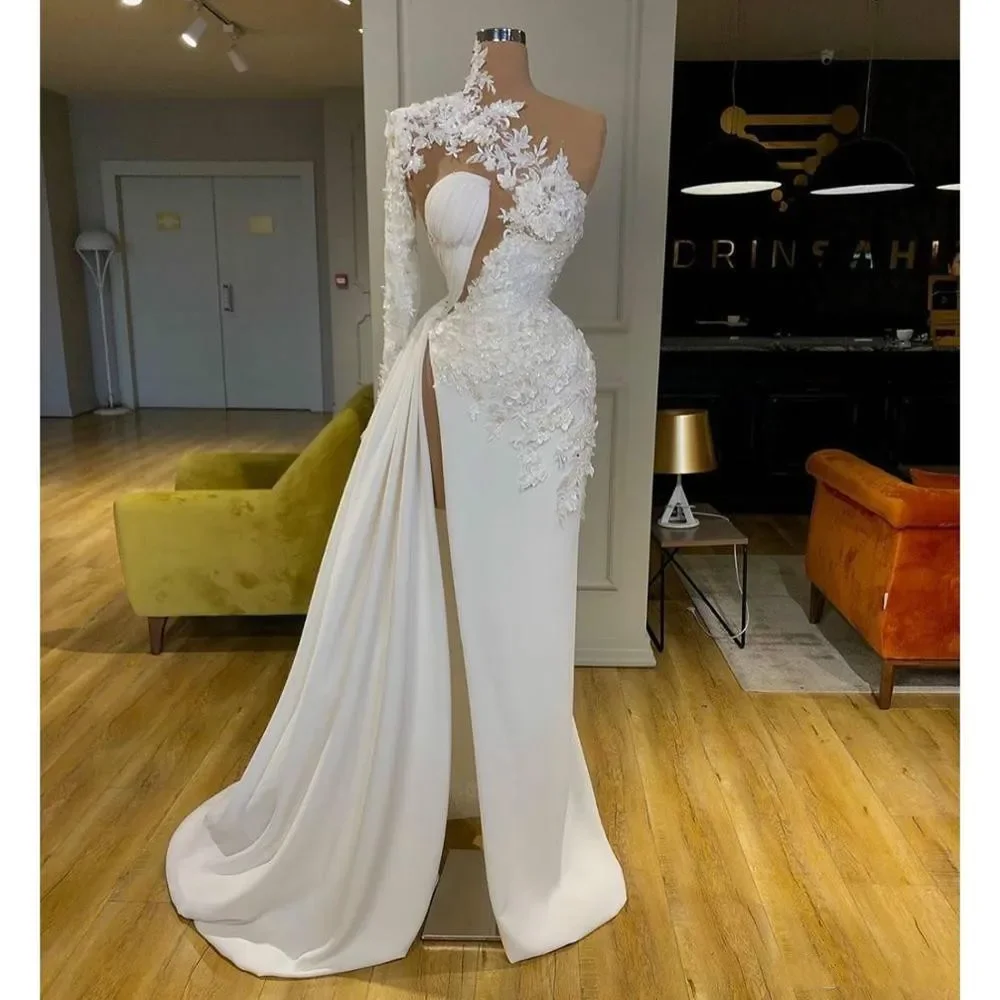 

Designer Fashion Prom Dress Arabic Dubai Exquisite Lace White Prom Dresses High Neck One Shoulder Long Sleeve Formal Dress