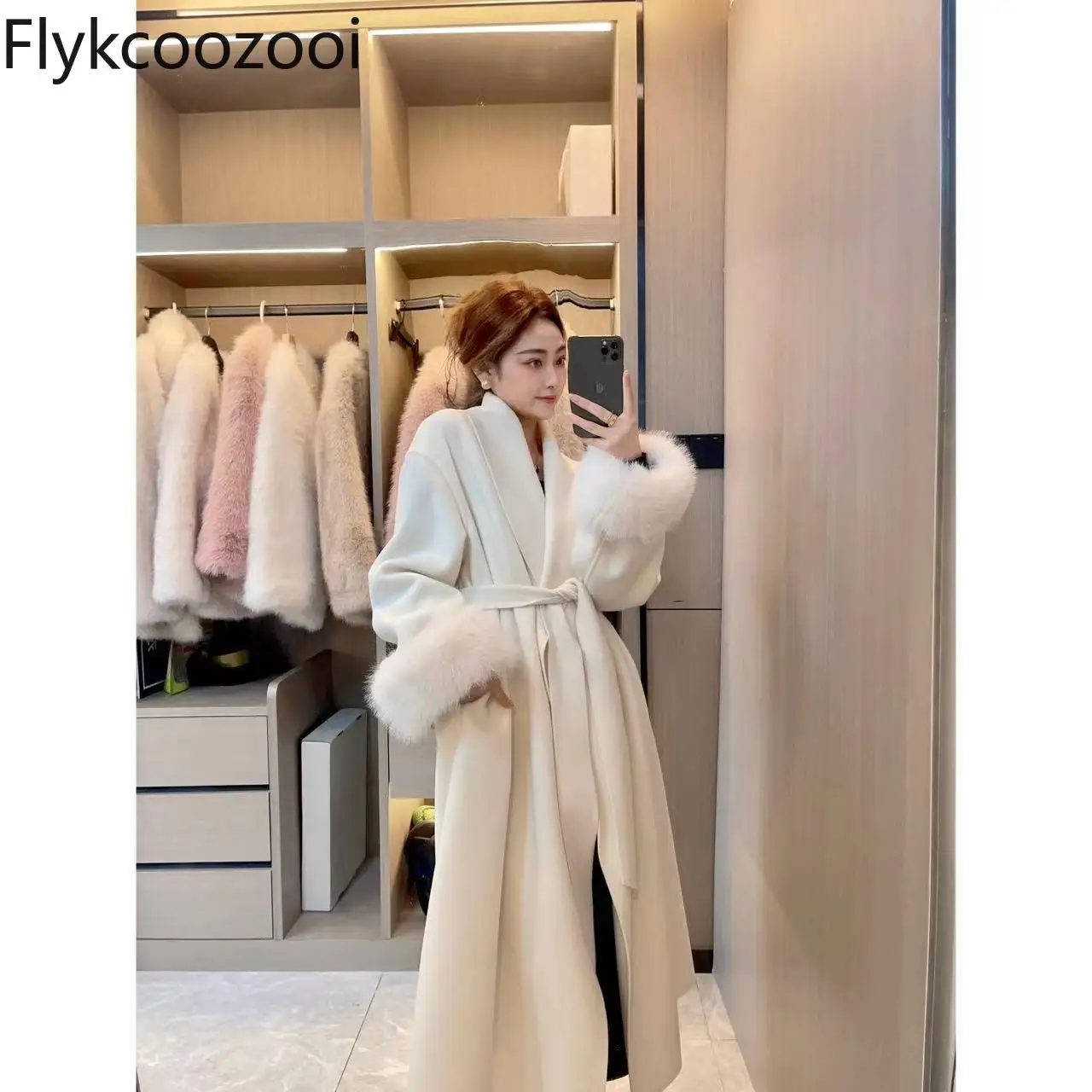 Temperament All-in-one Long Woolly Sleeve Wool Coat 2024 Autumn/winter New Korean Fashion Lapel Lace-up Jacket Women