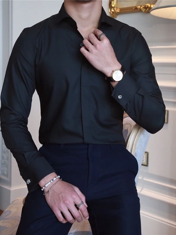 High-End British Italian Men's Business Long-Sleeved Shirt Korean Style Non-Ironing Collar French Cuffs Shirt