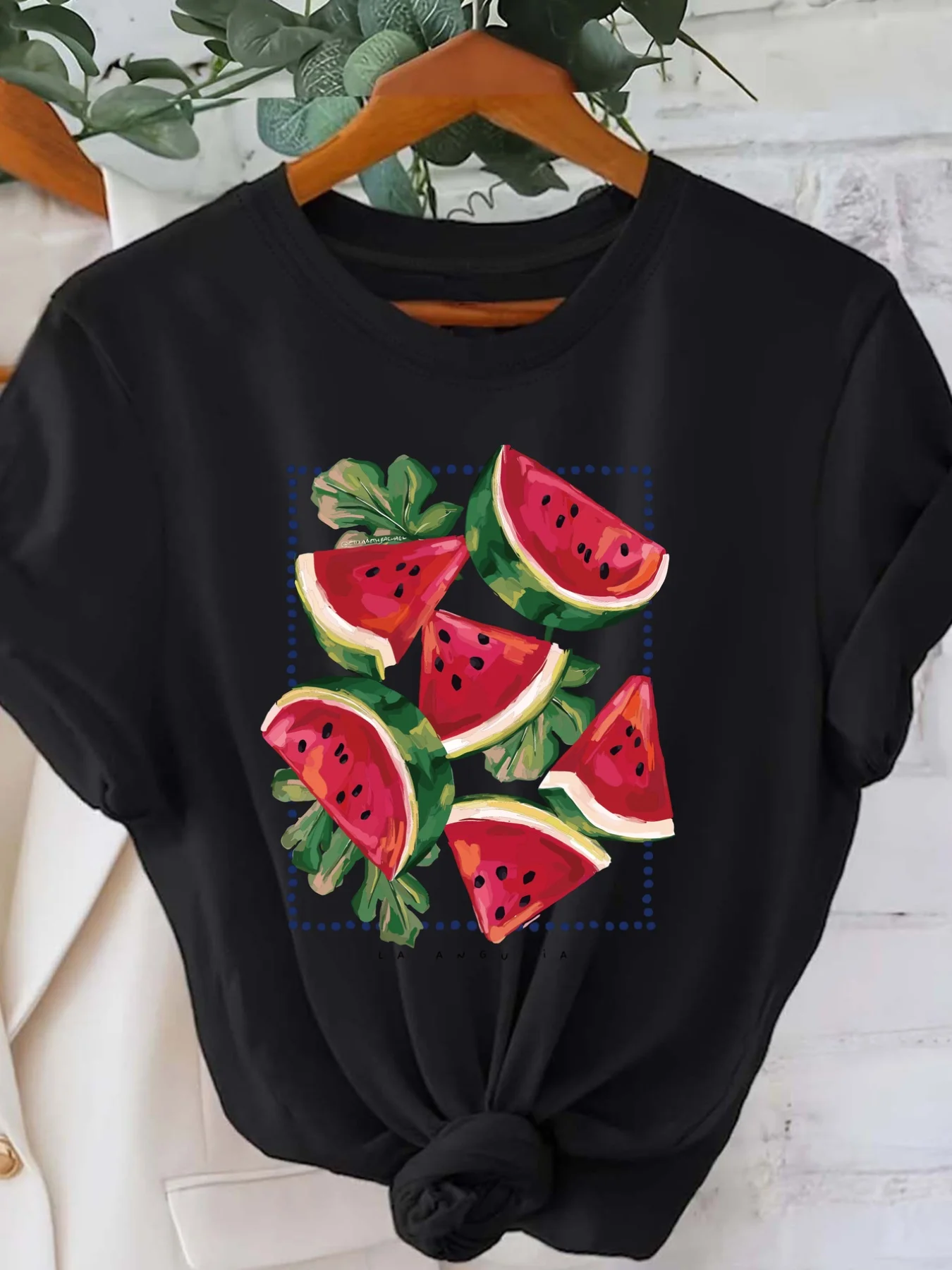 Summer Watermelon Print Harajuku Minimalist Style T-shirt for Casual Round Neck Short Sleeved Top Women's Clothing