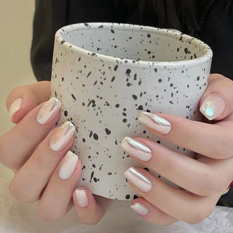 24 pezzi bianco chiaro di luna testa quadrata corta unghie finte puro perlescente lucido stampa sulle unghie acrilico copertura completa punte per unghie finte