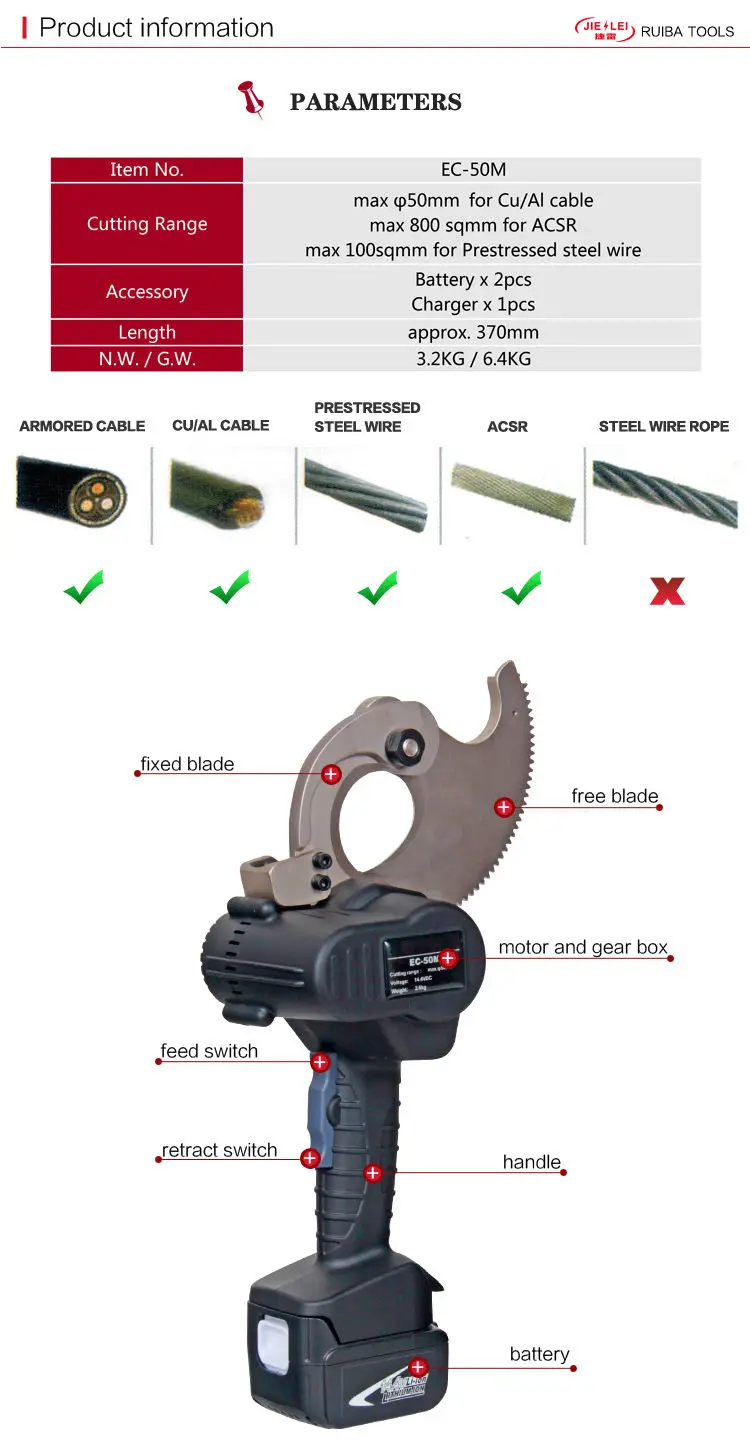 EC-50M EC-65M Kabelschaar op batterijen Ratel Kabelschaar Max. 65 mm Cu Al Kabeldraadschaar