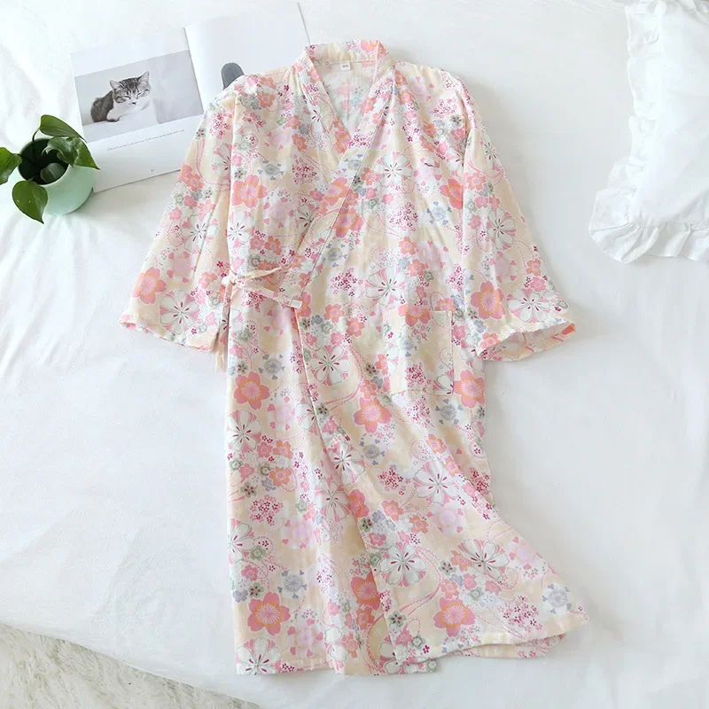 Japanese kimono spring and summer new style nightgown ladies 100% cotton three-quarter sleeve bathrobe home service women pink