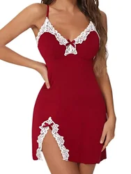 Red Sleepwear Lace Silk Satin Nightdress for Women Sexy Lingerie Sleeveless V-neck Straps Nighties Nightgown Nightwear
