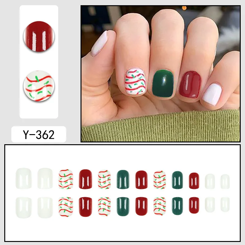 24Pcs Christmas Red & Green Stripe Short Square Oval Press On Nails, Reusable Nail Stickers for Holiday Party, With Tools