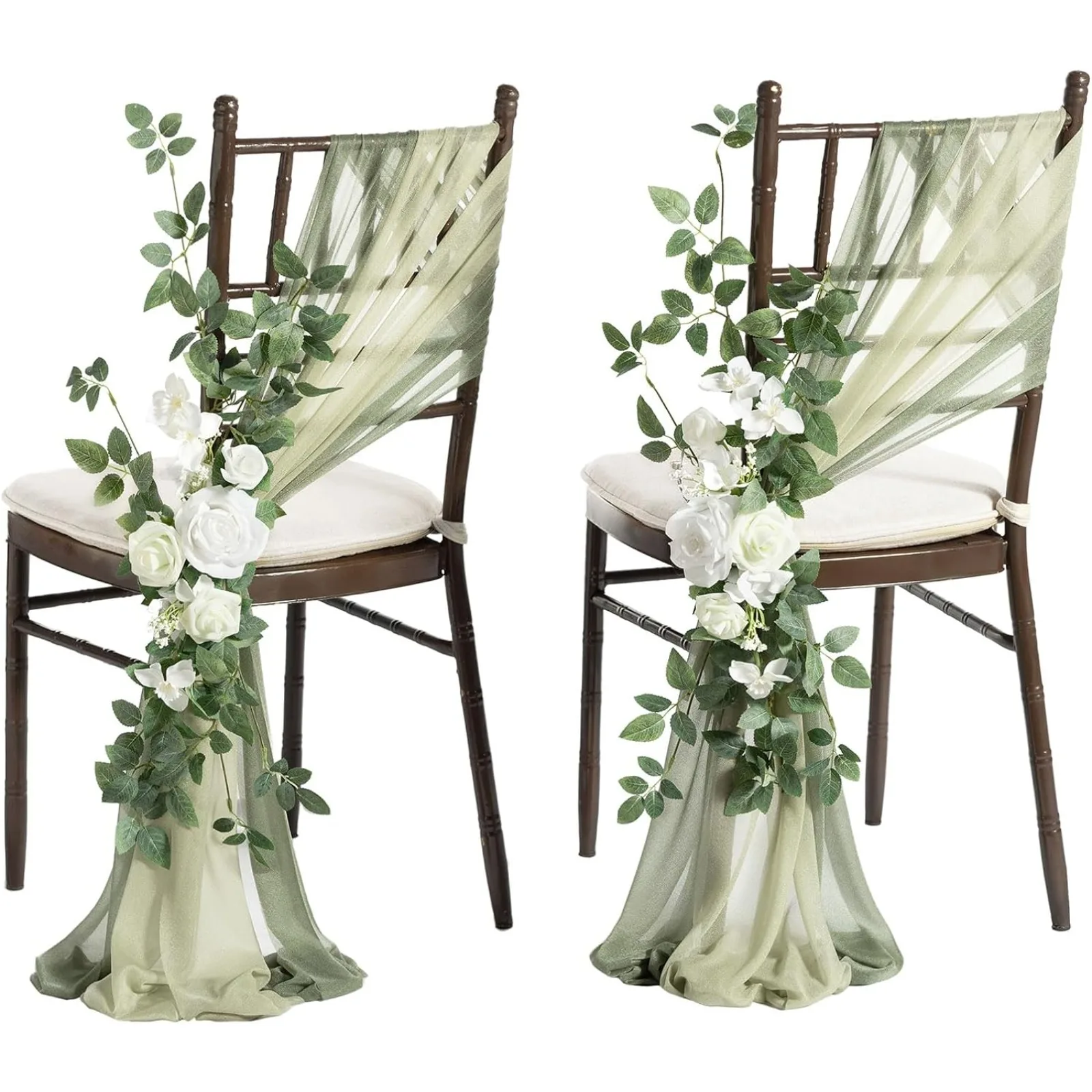 Ling's Moment Wedding Chair Decorations Aisle Pew Church Artificial Flowers With Hanging Fabric 8Pcs White Sage Green Bench