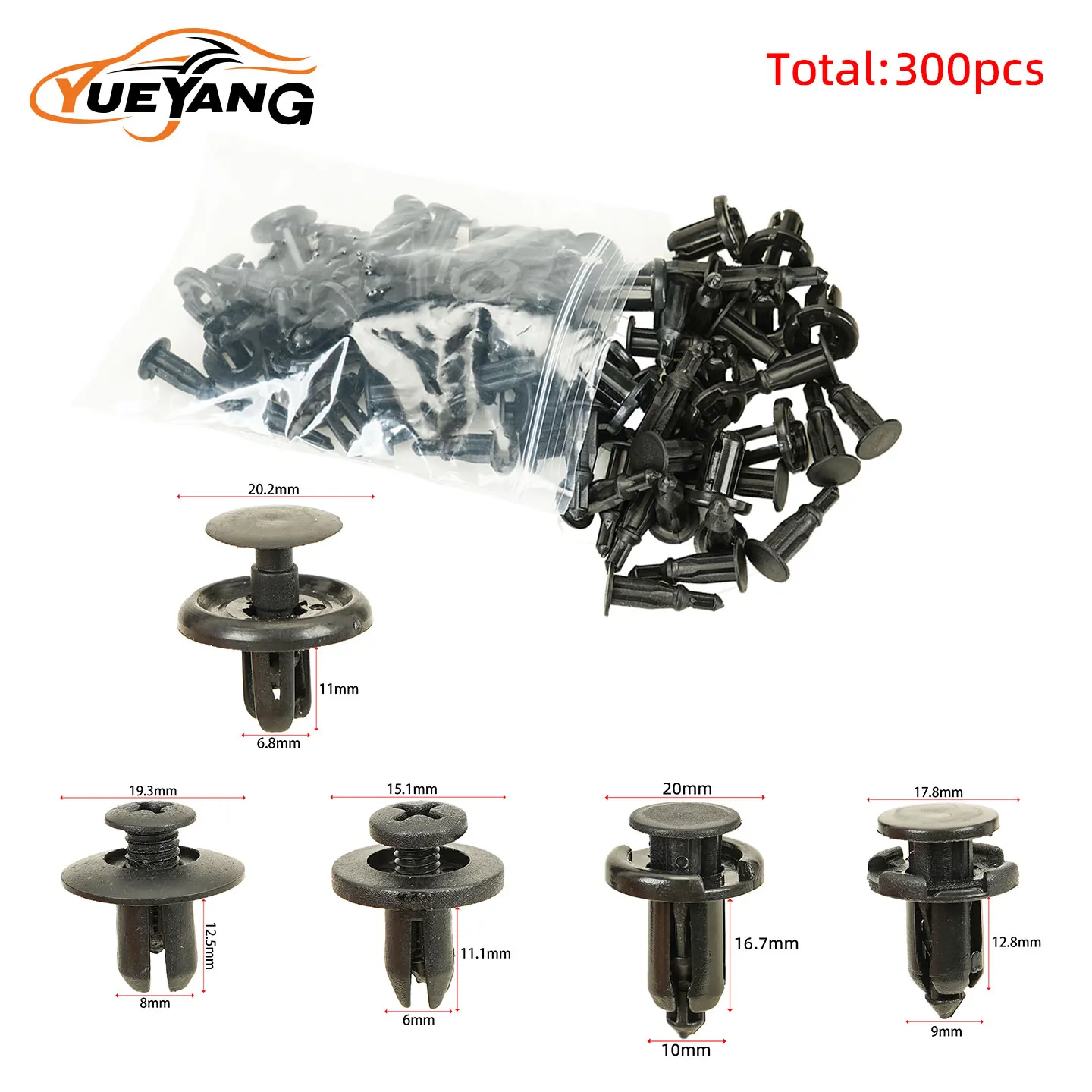 YUEYANG 300pcs 6-10mm hole automotive universal fastener buckle bumper mudguard wheel arch screw rivet suitable for Honda Toyota