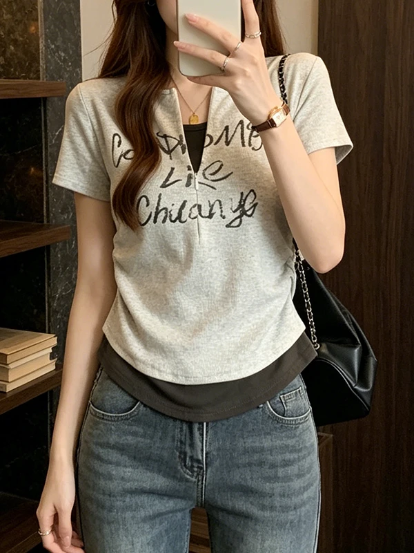 

plus Size Summer Women's T-Shirt Zipper Collar Letter Print Short Sleeve Shoulder Appropriate Korean Style Casual Breathable