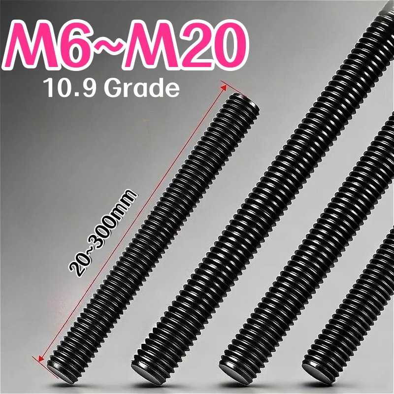M6 M8 M10 M12 M14 M16 M20 10.9 Grade Black Carbon Steel Full Metric Thread Bolt Shaft Rod Bar Stud Headless Bolt