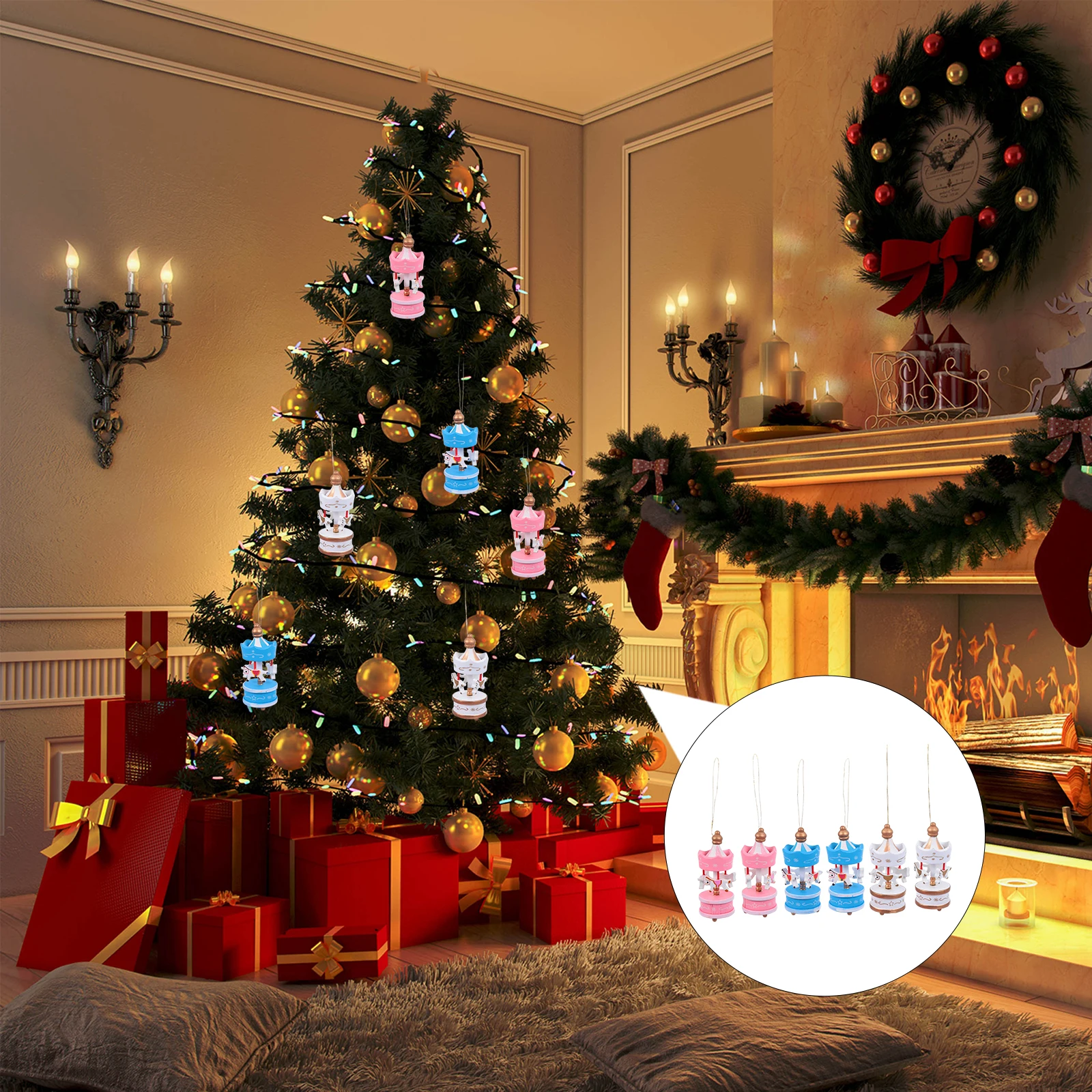 6 pcs Christmas Merry-Go-Round Ornaments Rotating Horse Decorations Creative Holiday Home Decor Festive Party Supplies Tree